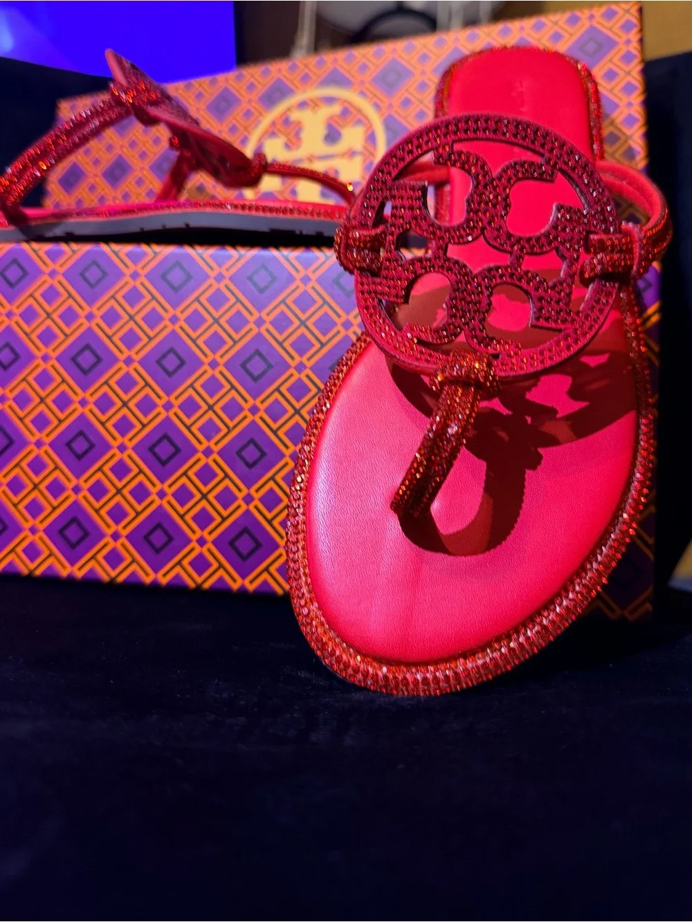 Tory Burch Red Crystal Logo Thong Sandals